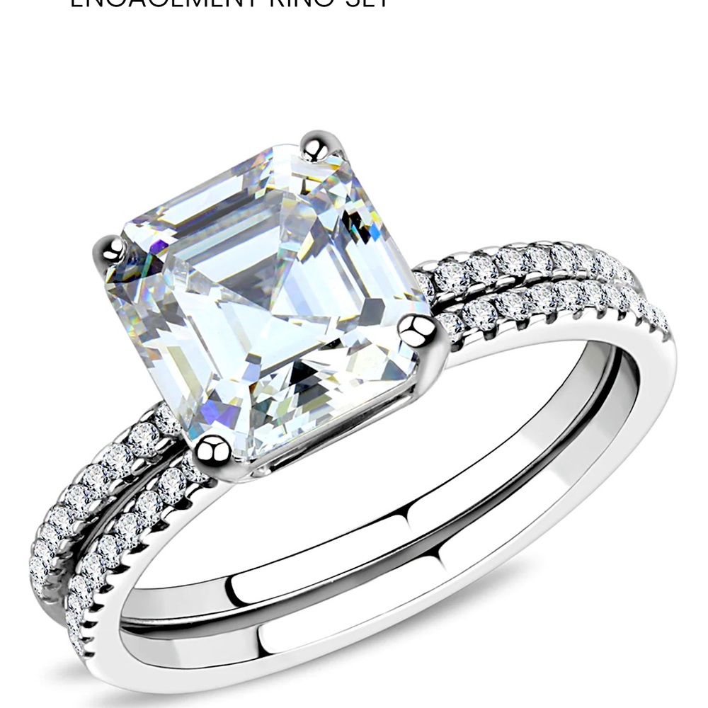 Silver Asscher-Cut Cathedral Ring with Pavé Diamonds